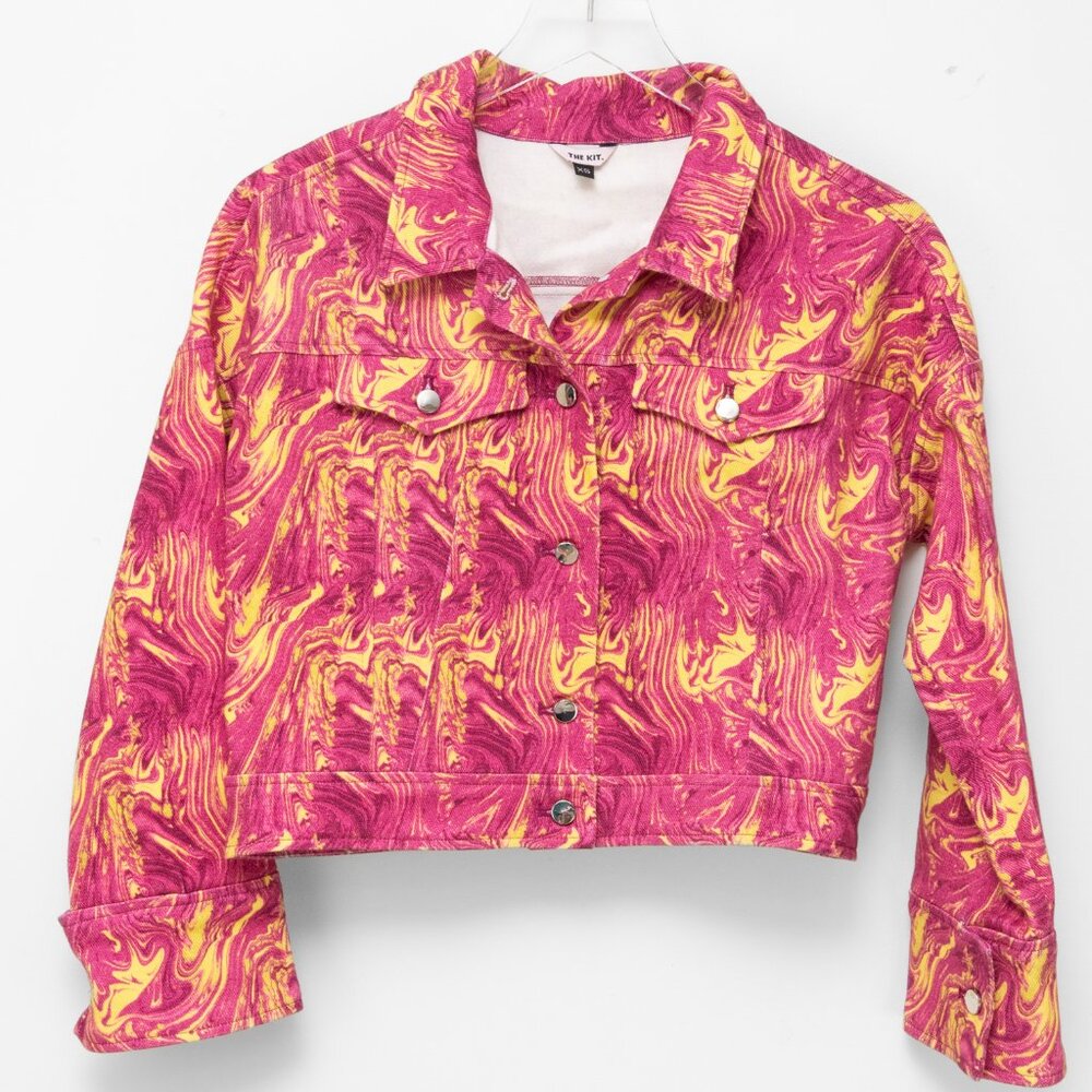 The Kit Cado Jacket Citrus Swirl Marble Print Statement Coat Pink Yellow Size XS